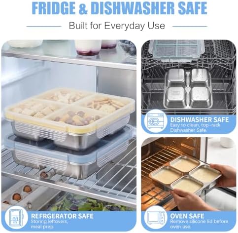 4 Pack Stainless Steel Snack containers, Leak-Proof, 4 Compartments, 3