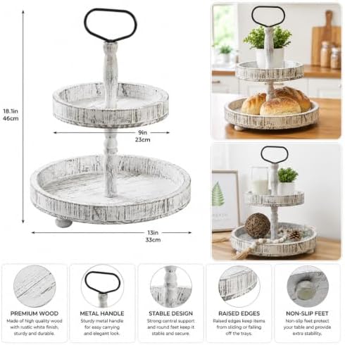 Rustic Farmhouse 2 Tier Wooden Serving Tray with Metal Handle