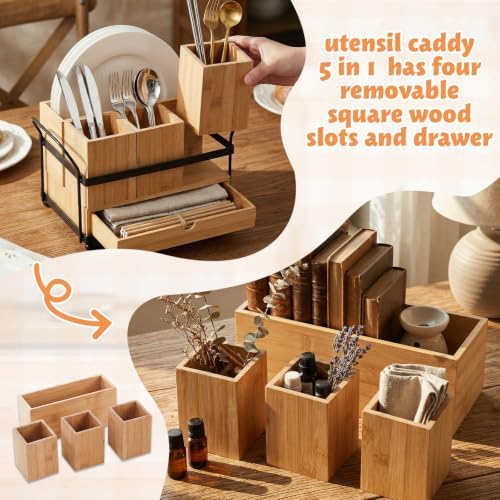 Qunclay Bamboo Silverware Caddy, 4 Compartments