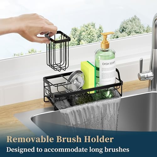 Consumest Sponge Holder for Kitchen Sink, Stainless Steel, Black