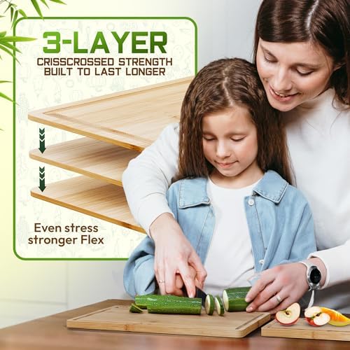 Bamboo Cutting Board Set of 3 (15x10, 12x9, 9x6) – Extra-Thick, Deep