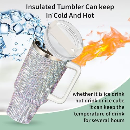 40oz Tumbler with Handle and Straw, Glitter Rhinestones Tumbler Bling