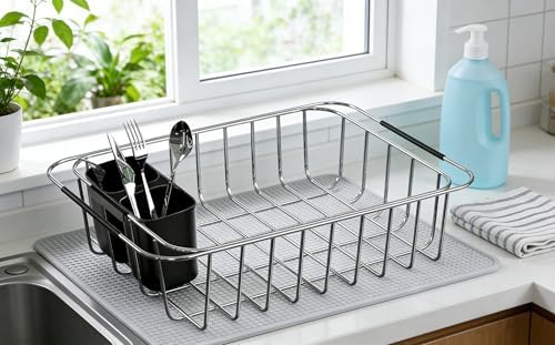 SANNO Dish Rack Utensil Holder, Hanging Cutlery Drainer Caddy with
