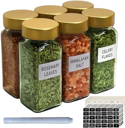 6 Pack Spice Jars with Labels - 4oz Square Glass Seasoning Containers