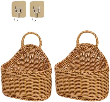 2Pcs Hanging Storage Baskets, Plastic Woven Hanging Basket with Hook