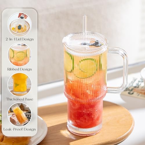 KEMORELA 24oz Ribbed Glass Tumbler with Handle and Lid,Iced Coffee
