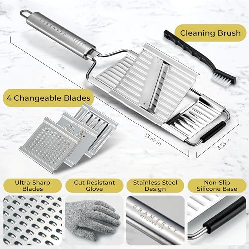Gramercy Stainless Steel Handheld Mandoline Slicer, 4 Blades