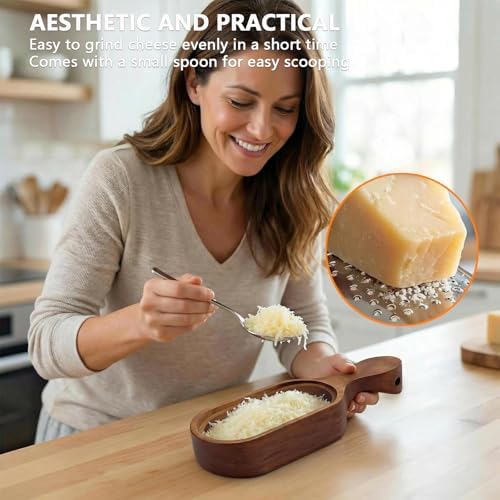 Handheld Cheese Grater with Wooden Container, Stainless Steel Grater