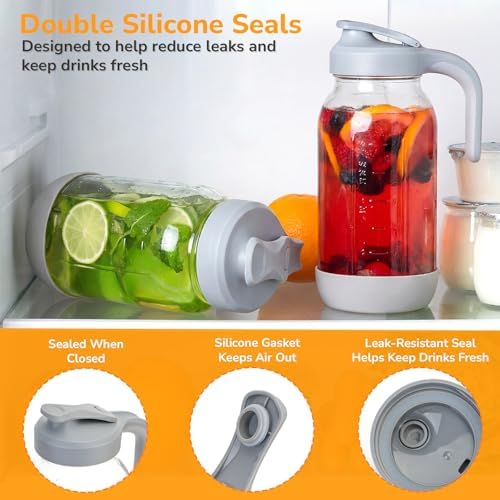 64 oz (2 Qt) Glass Mason Jar Pitcher with Pour Spout Lid & Handle