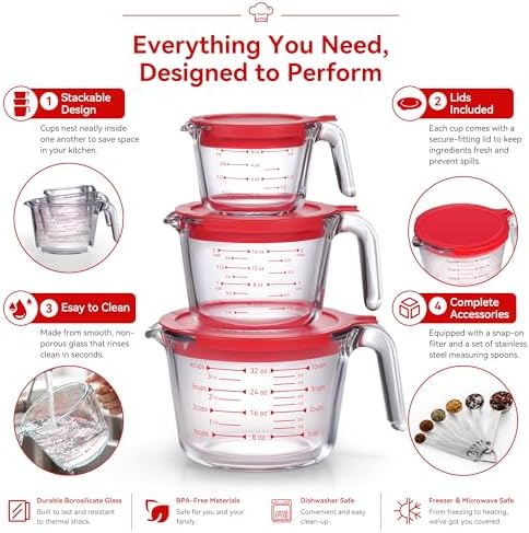 10 Pack Glass Measuring Cup Set with Lids, Stackable Handled Liquid
