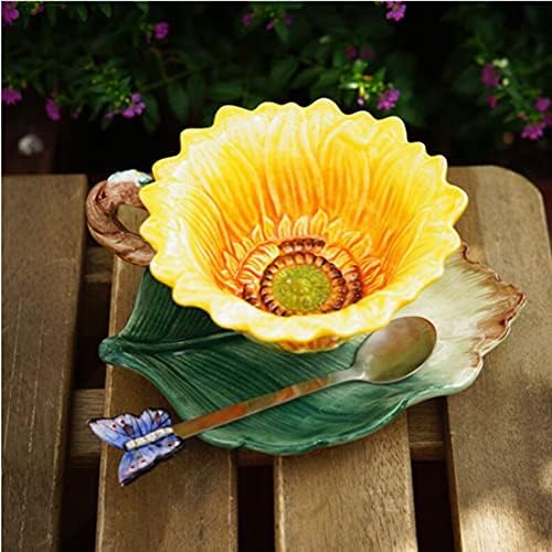 Ceramic Coffee Mug & Saucer Set, 3D Sunflower & Leaf, 6oz