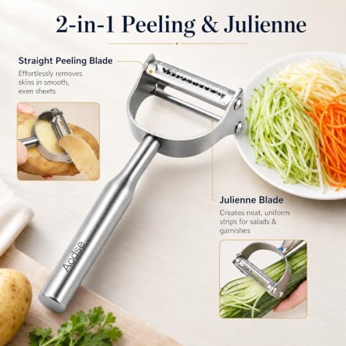 2-in-1 Julienne Vegetable Peeler, Stainless Steel Y Peeler with Dual