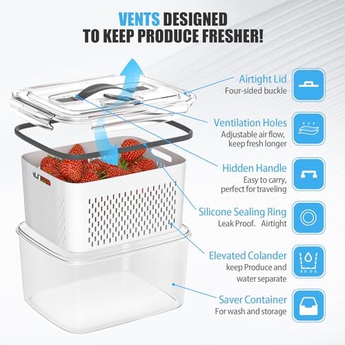 damynuo 5 Pack Fruit Storage Containers with Colander, Vent, Lid