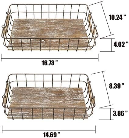 Stonebriar Stackable 2pc Rectangle Metal Wire and Wood Basket Set with