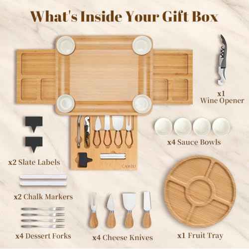 CAWIU Large Bamboo Charcuterie Board Set with Lid, Drawers, Cream