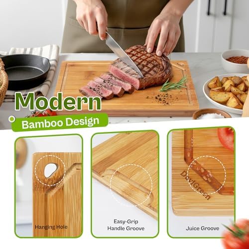 Bamboo Cutting Board Set of 3 for Kitchen, Reversible Bamboo Cutting