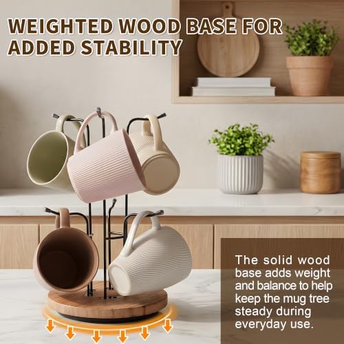 360° Rotating Coffee Mug Tree for Counter, Mug Holder with Wooden Base