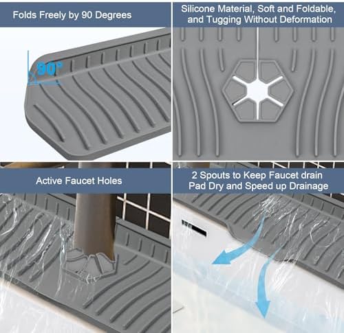 Sink Drain Mat Behind Faucet,Faucet Guard Draining Mat, 90° Foldable