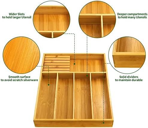 VaeFae Bamboo Silverware Drawer Organizer with Knife Block Set