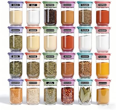 Newly Upgraded 24 Pcs Glass Spice Jars Set with Labels, 4oz Macaron