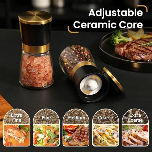 Gold Salt and Pepper Grinder Set, Stainless Steel, Ceramic Burrs