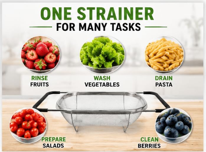 Expandable Over Sink Colander, Stainless Steel Mesh Strainer Basket