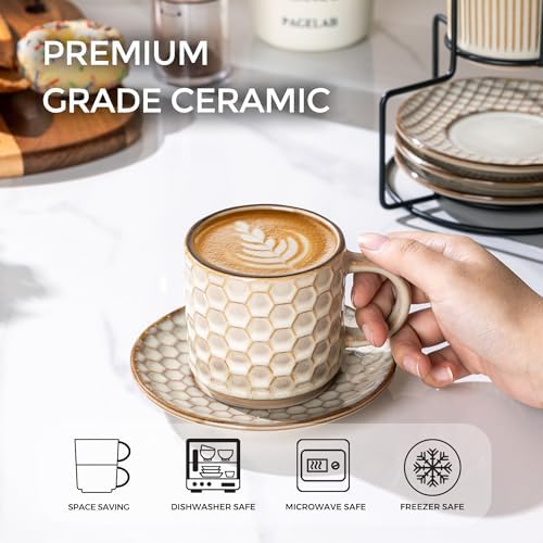 GBhome 6 OZ Coffee Mugs with Saucer and Stand, Ceramic Espresso Coffee