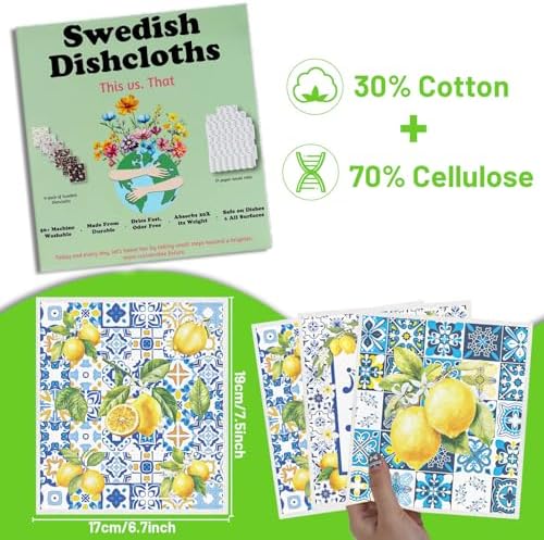 Blue Tiles Lemons Swedish Dishcloths, 6 Pack Reusable Swedish Dish