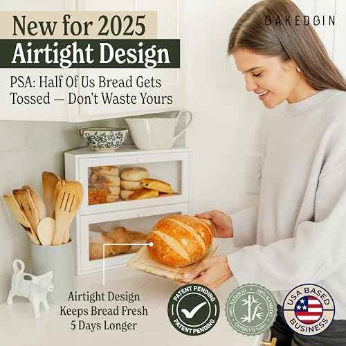 Corner Bread Box for Kitchen Countertop - New 2026 Airtight Design - Extra Large, Double Layer White Breadbox, Vintage Storage for Homemade Bread, Under Cabinet Organizer