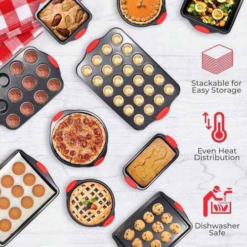 PERLLI Non-Stick 10-Piece Baking Pan Set, BPA-Free Carbon Steel Bakeware Set with Silicone Handles, Stackable Kitchen Oven Set, Cookie Sheet, Baking Tray, Baking Sheet Set, Oven Safe (446°F)
