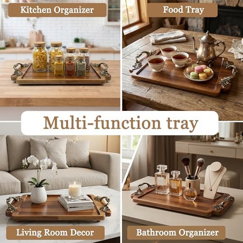 Vintage Wooden Tray with Handles for Coffee Table Centerpiece