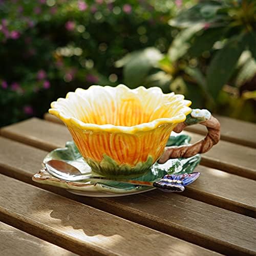 Ceramic Coffee Mug & Saucer Set, 3D Sunflower & Leaf, 6oz