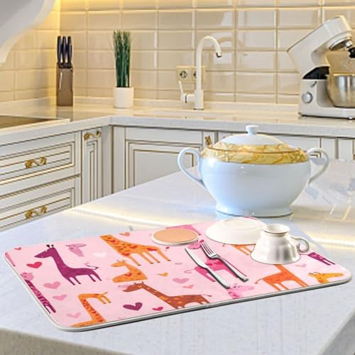 OTVEE Sweet Giraffe Art Dish Drying Mat for Kitchen Counter Absorbent