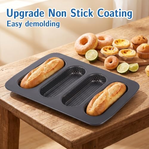 3-Pack Hot Dog Bun Pan, 4-Cavity Perforated Carbon Steel Bread Loaf