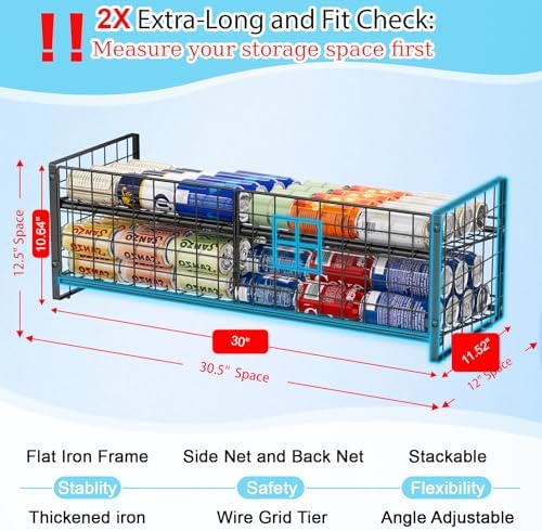 2-Tier Stackable Can Rack Organizer for Pantry Shelf, Extra-Long Can Holder for Kitchen Organization,Heavy Duty Can Dispenser for Canned Food Soup Goods up to 64 in Cabinet Storage, Black