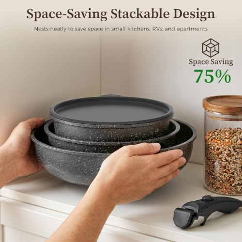 YASHE 9Pcs Granite Nonstick Pots and Pans Set, Stackable, Oven Safe