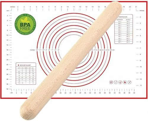 Rolling Pin and Silicone Baking Mat Set, Non-Stick Beech Wood Rolling