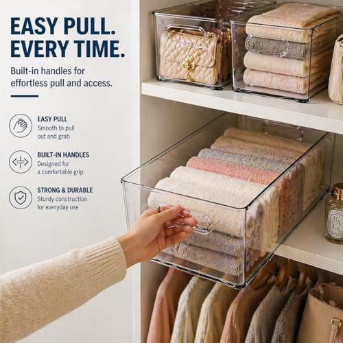 MOONEDGE 4 Pack Clear Plastic Storage Bins, 11x8x6in