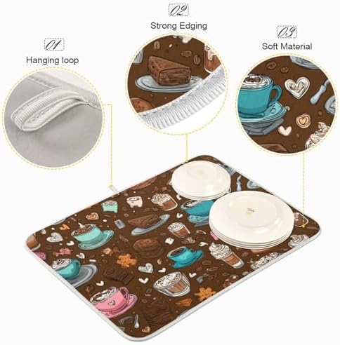 OTVEE Coffee Treat Art Dish Drying Mat for Kitchen Counter Absorbent