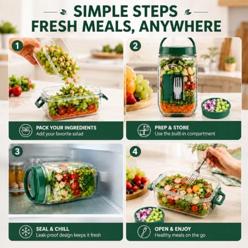 34 Oz(1L) Salad Jar with Side Opening, Salad Pod with Built-in Fork &
