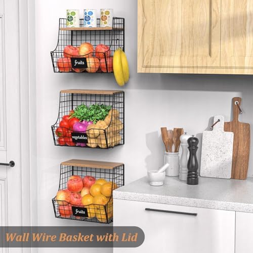 3 Pack Wire Fruit Baskets with Wood Lid