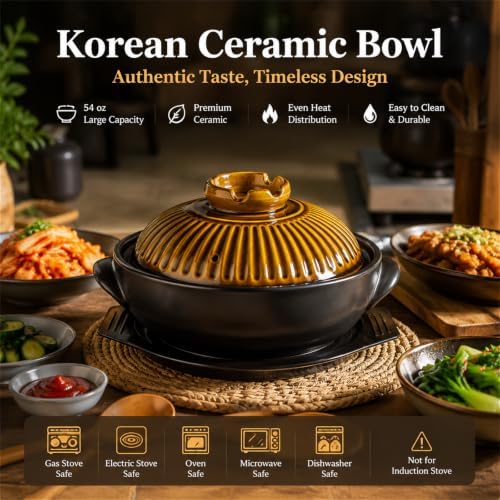 Okllen Large Korean Ceramic Bowl with Lid and Platter, 54 oz Clay Pot