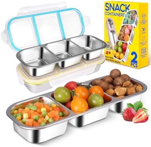 2 Pack Stainless Steel Snack Containers, 3-Compartment Bento Boxes for