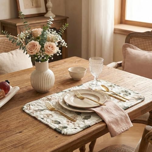 DaDalogy Quilted Placemats Set of 4 - Washable Floral Cloth Table Mats