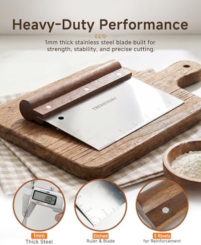 7" Large Bench Scraper with Wood Grip, Dough Cutter for Bread & Food