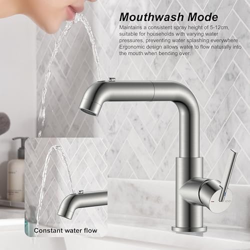 KENES 1 Hole Pull Out Bathroom Faucet, Brushed Nickel