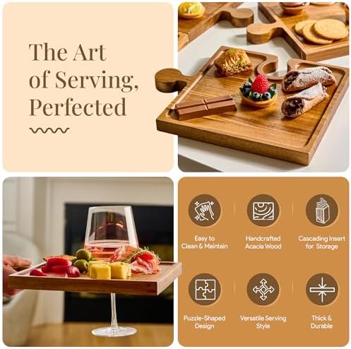 Homesphere Wooden Charcuterie Boards, Appetizer Tray for Parties & Cutting Board with Handle, Set of 4, Acacia Wood Board, Wine Gifts, Wine Accessories, Interlocking Puzzle Serving Tray w/Storage Box