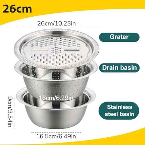 Germany Multifunctional Stainless Steel Basin, 3 in 1 Grater Bowl with Strainer Colander, Vegetable Slicer & Rice Rinser Kitchen Tool (10.23in*10.23in*3.54in)