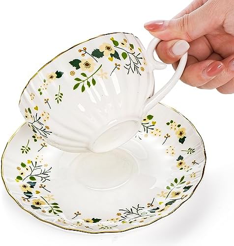 Lyellfe Set of 2 Tea Cup and Saucer, 6 Oz Floral Cup with Spoon Gold