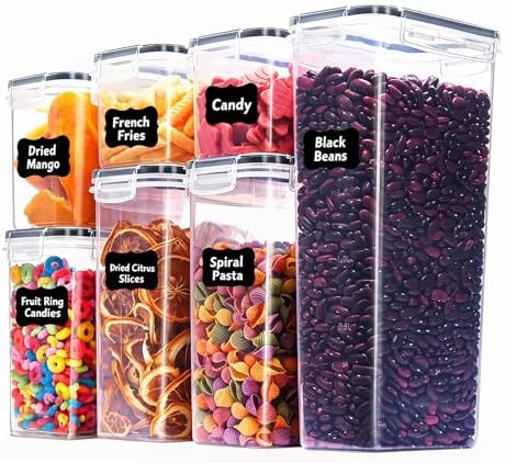 7 PCS Airtight Food Storage Containers with Lids, Plastic Kitchen and Organization Canisters for Cereal, Dry Food, Flour and Sugar, BPA-Free, PVC-Free, Includes Labels & Marker
